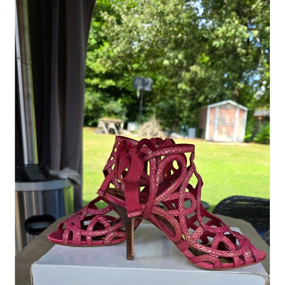 Guess Open Toe Heels Pumps Bootie Strappy Tie Sandals Leather Pre-Owned 9M Red - Picture 1 of 6